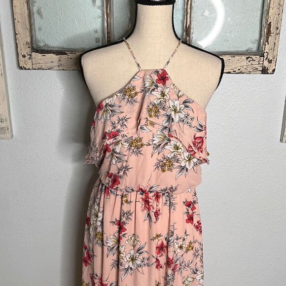 Lush Floral Maxi Sleeveless Halter Keyhole Back Pink Women's Dress Size Medium - Picture 2 of 11
